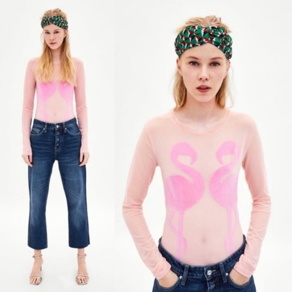 Zara Tops - Zara Flamingo Bird Sheer Mesh Bodysuit Velvet Velo